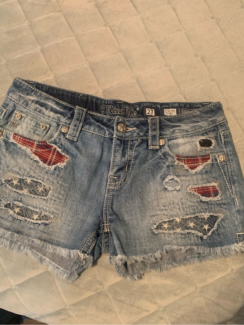 Miss me Signature Distressed Denim Shorts with Red & Blue Plaid and Star Accents